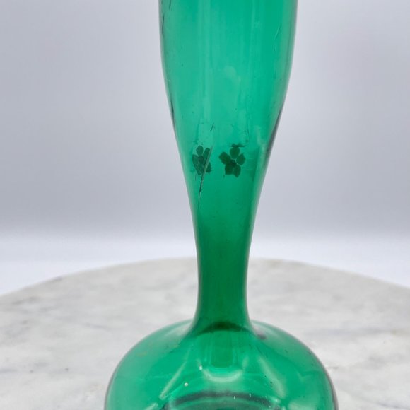 Emerald Green Bohemian Glass Bud Vase Pair Hand Blown Painted Fluted Unique Vint - Picture 11 of 14